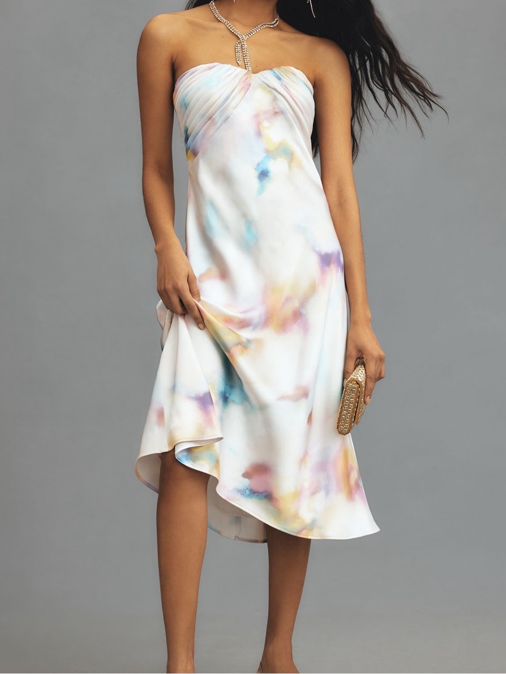 ML Monique Lhuillier Annika Watercolor Satin Strapless Midi Dress Size 4